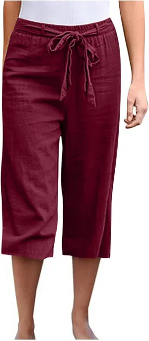 Cotton Linen Capri Pants for Women 2023 Summer Casual Elastic Waist Wide Leg Cropped Pants Loose Fit Beach Pants with Pockets