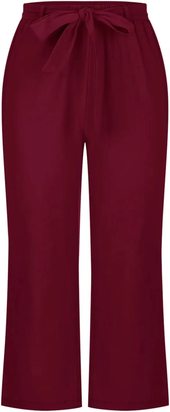 Cotton Linen Capri Pants for Women 2023 Summer Casual Elastic Waist Wide Leg Cropped Pants Loose Fit Beach Pants with Pockets