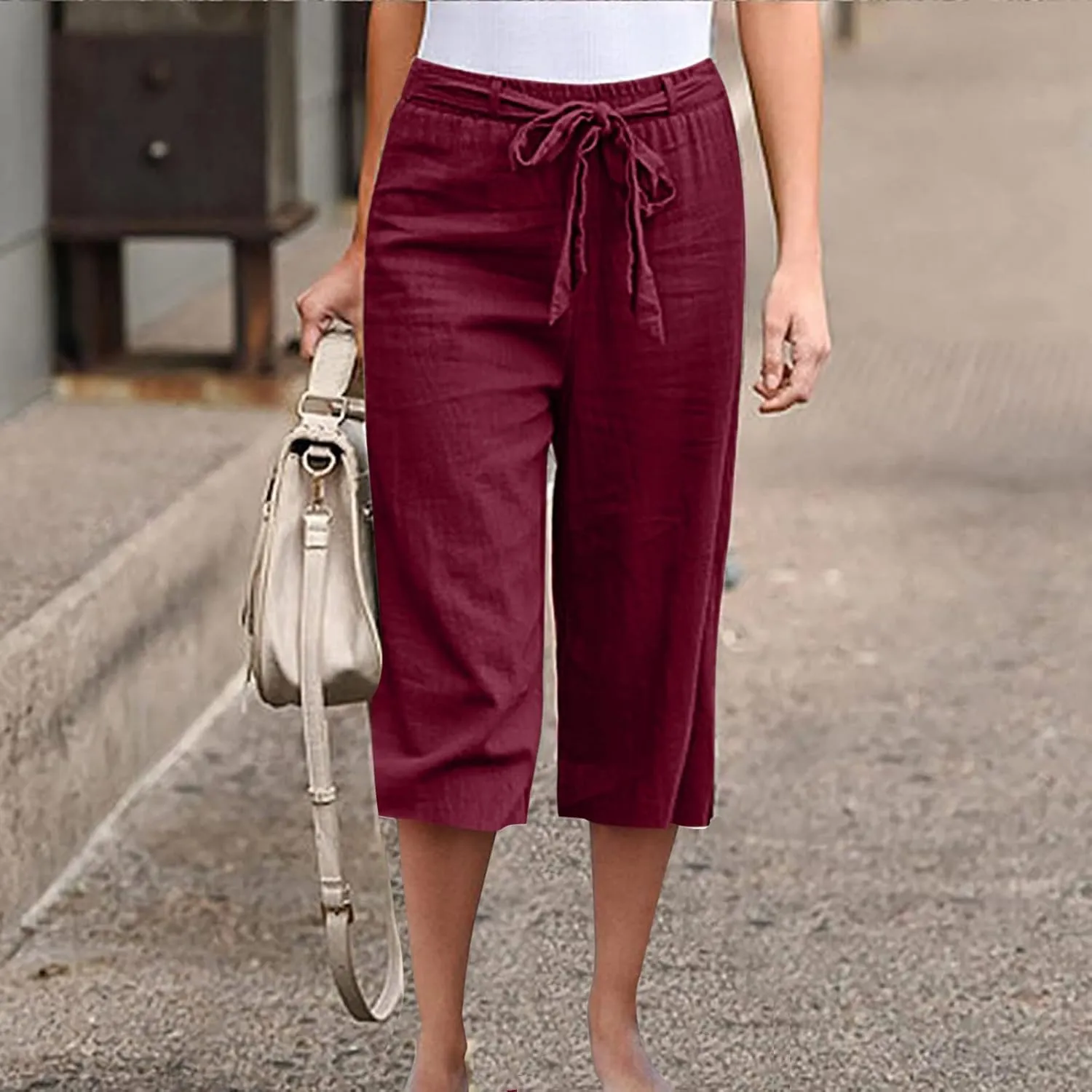 Cotton Linen Capri Pants for Women 2023 Summer Casual Elastic Waist Wide Leg Cropped Pants Loose Fit Beach Pants with Pockets