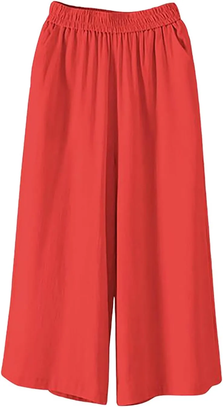 Cotton Linen Capri Pants for Women Casual Summer Capris Elastic High Waist Pants Wide Leg Cropped Trousers
