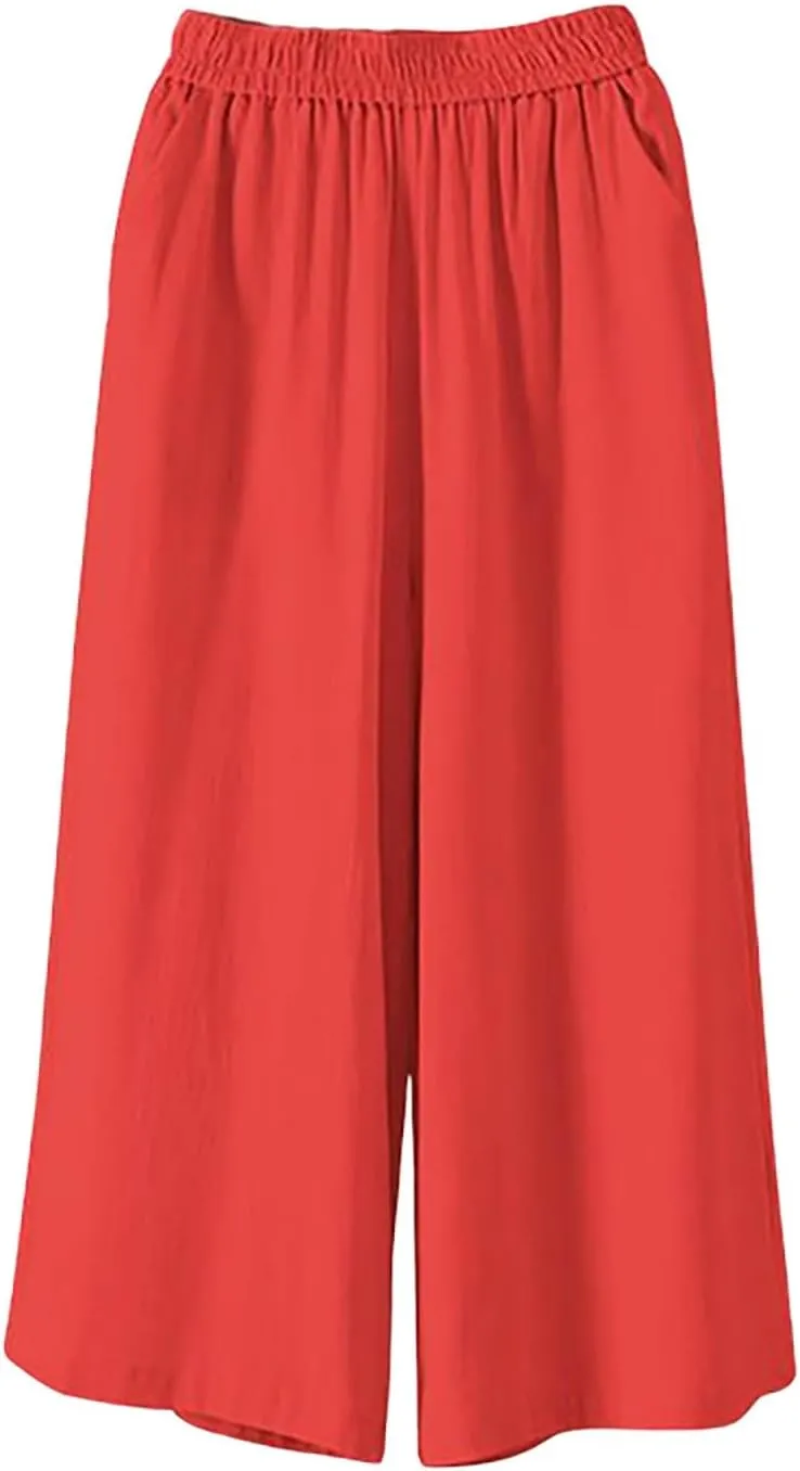 Cotton Linen Capri Pants for Women Casual Summer Capris Elastic High Waist Pants Wide Leg Cropped Trousers