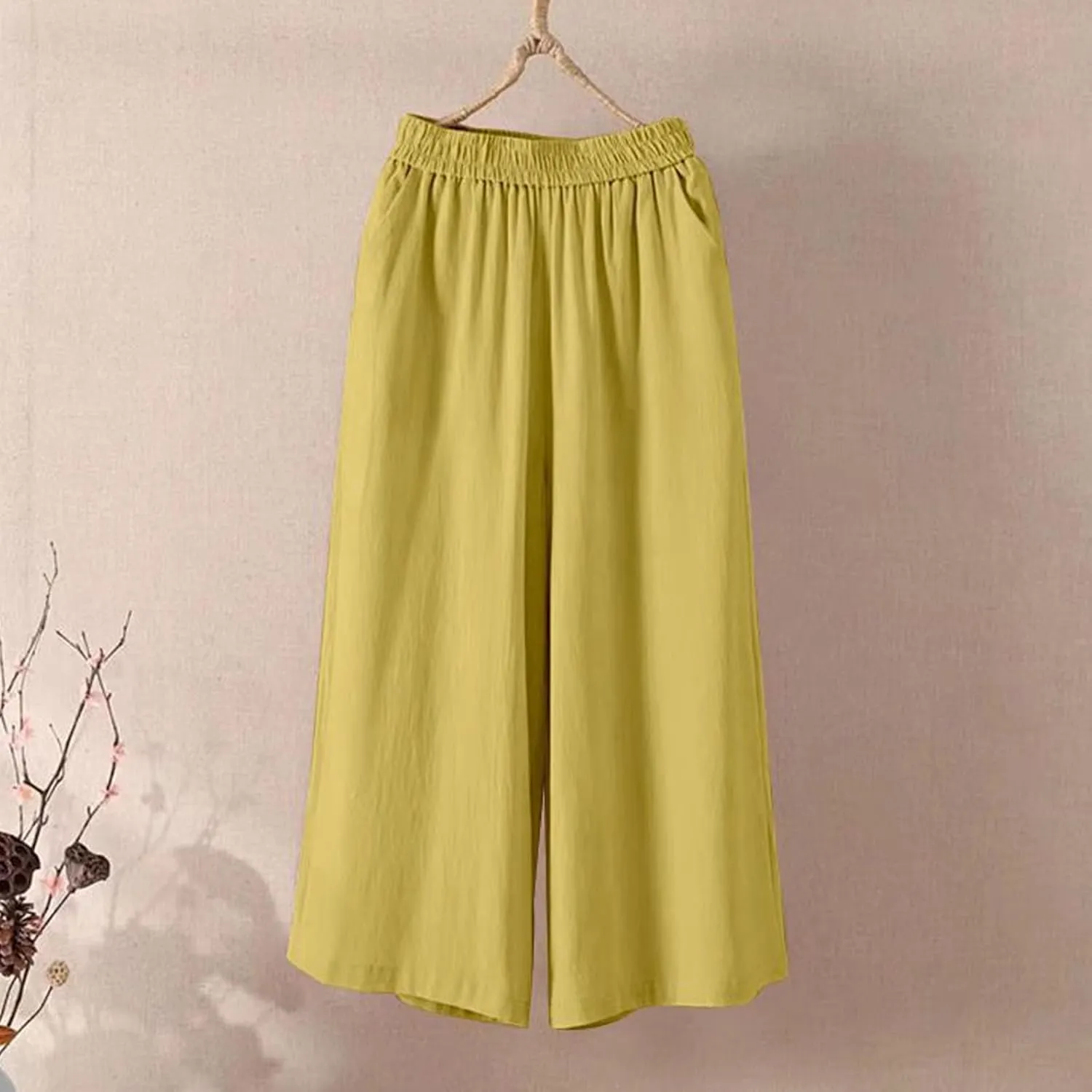 Cotton Linen Capri Pants for Women Casual Summer Capris Elastic High Waist Pants Wide Leg Cropped Trousers