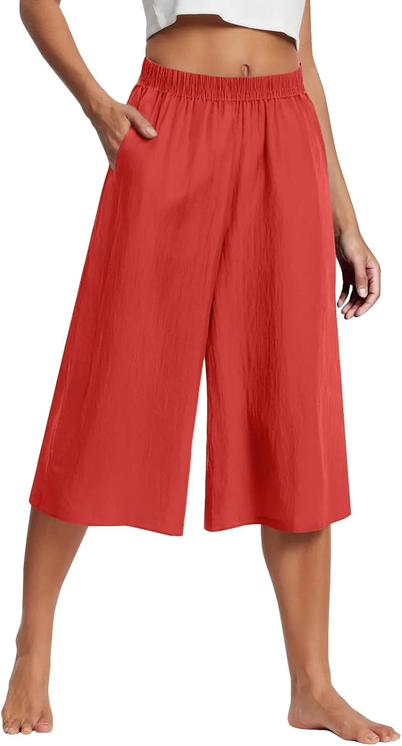 Cotton Linen Capri Pants for Women Casual Summer Capris Elastic High Waist Pants Wide Leg Cropped Trousers