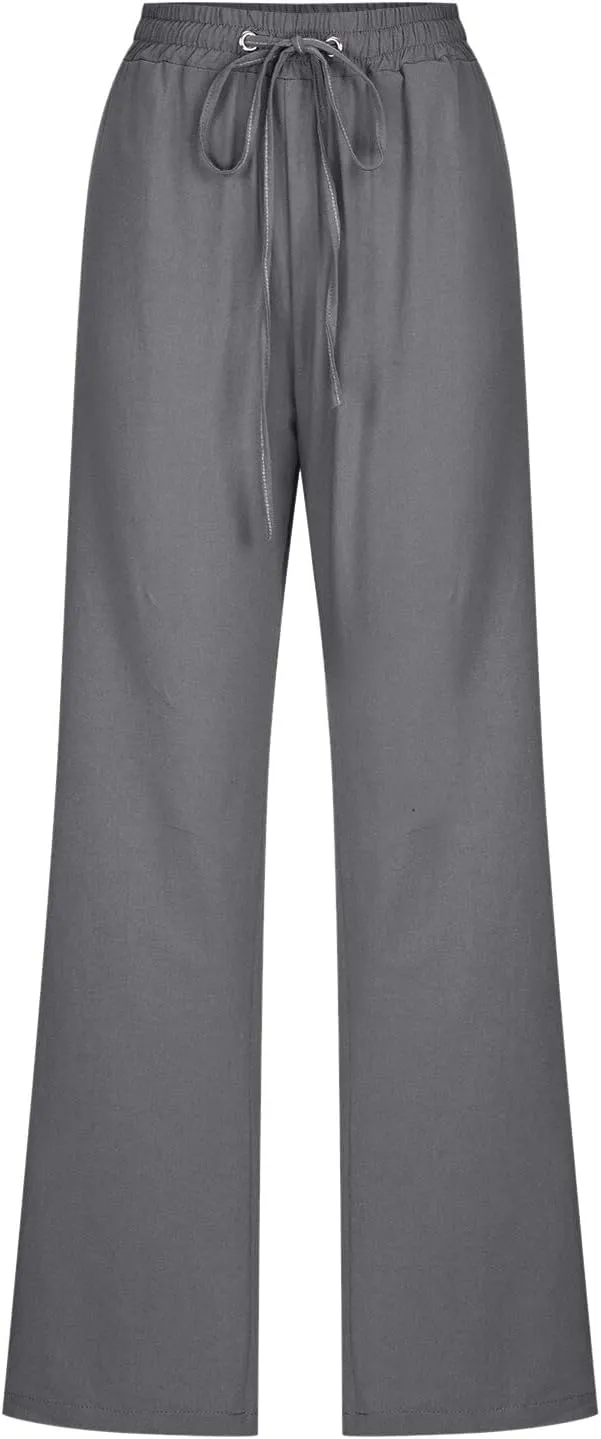 Cotton Linen Pants for Women Casual High Waist Drawstring Loose Straight Wide Leg Lounge Baggy Trousers with Pockets