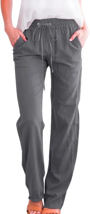 Cotton Linen Pants for Women Casual High Waist Drawstring Loose Straight Wide Leg Lounge Baggy Trousers with Pockets