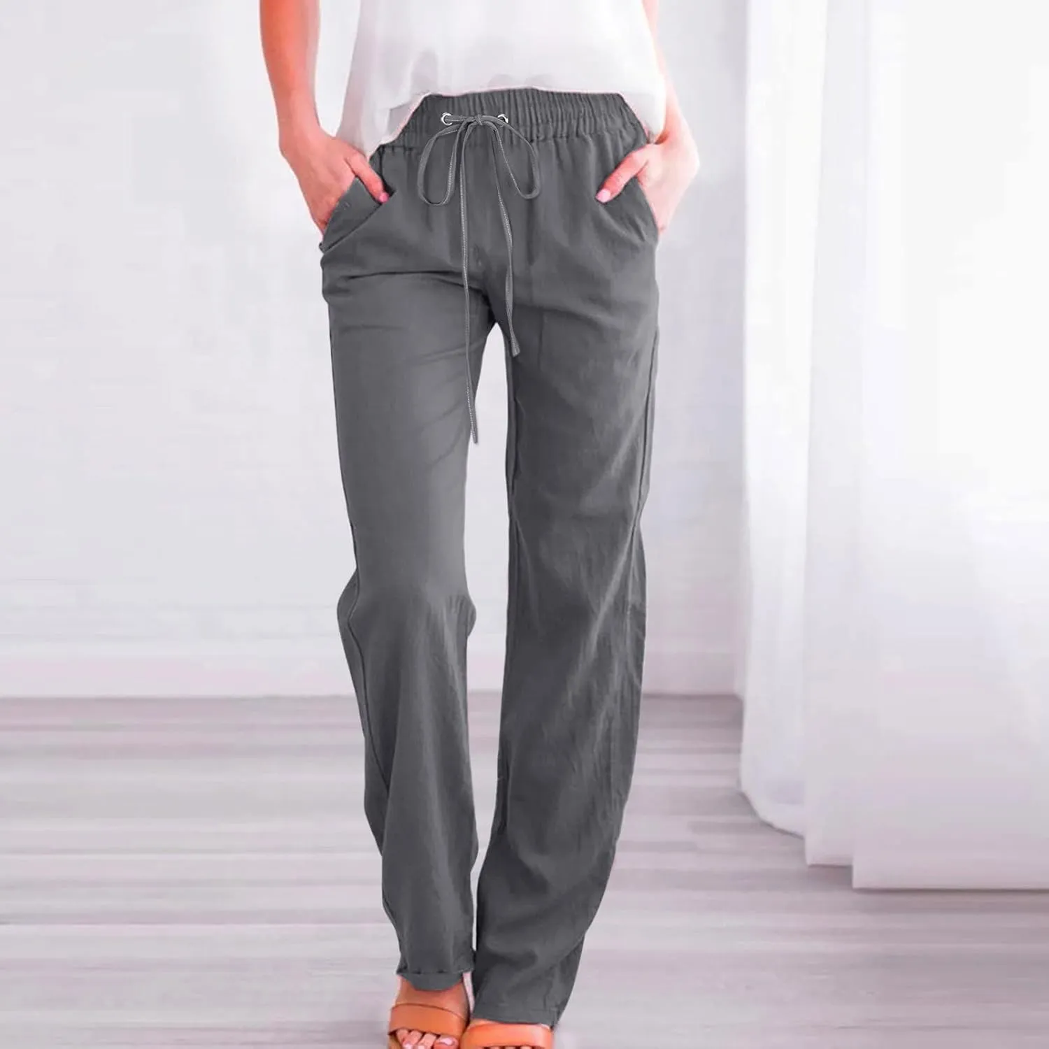 Cotton Linen Pants for Women Casual High Waist Drawstring Loose Straight Wide Leg Lounge Baggy Trousers with Pockets