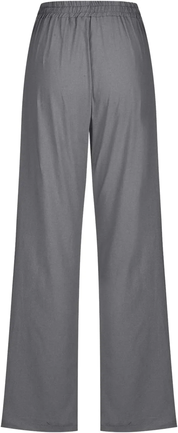 Cotton Linen Pants for Women Casual High Waist Drawstring Loose Straight Wide Leg Lounge Baggy Trousers with Pockets