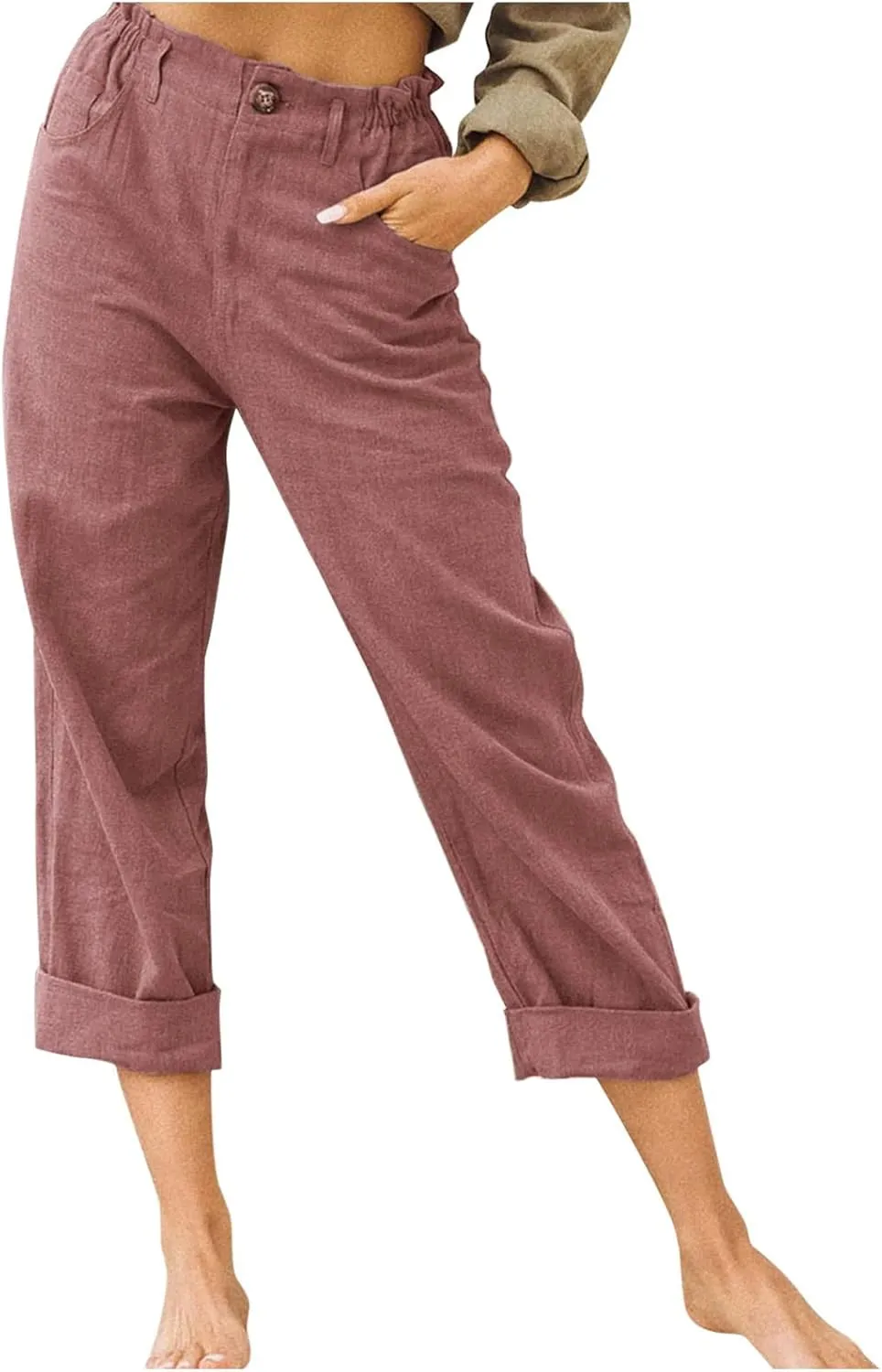 Cotton Linen Pants Women Elastic High Waist Solid Casual Baggy Trousers Straight Leg Comfy Summer Pants with Pockets