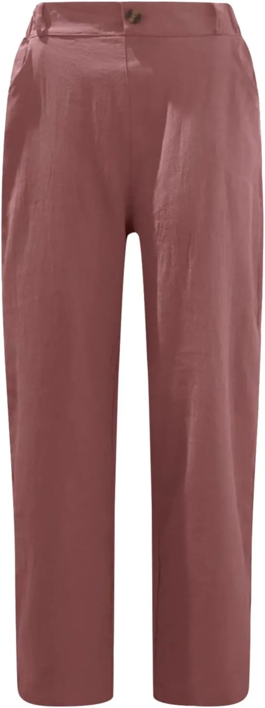 Cotton Linen Pants Women Elastic High Waist Solid Casual Baggy Trousers Straight Leg Comfy Summer Pants with Pockets