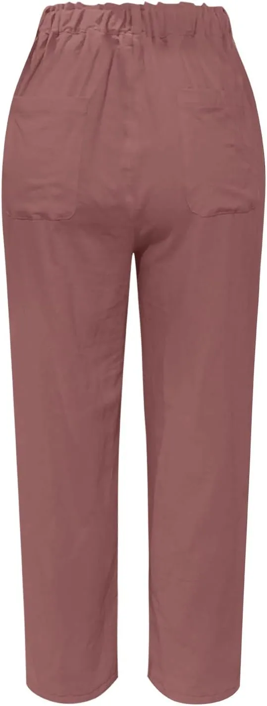 Cotton Linen Pants Women Elastic High Waist Solid Casual Baggy Trousers Straight Leg Comfy Summer Pants with Pockets