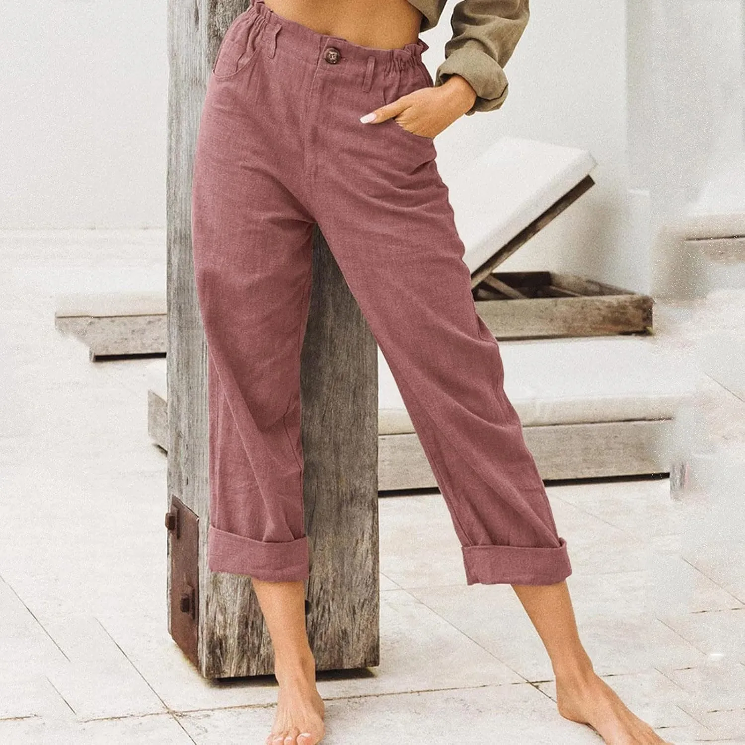 Cotton Linen Pants Women Elastic High Waist Solid Casual Baggy Trousers Straight Leg Comfy Summer Pants with Pockets