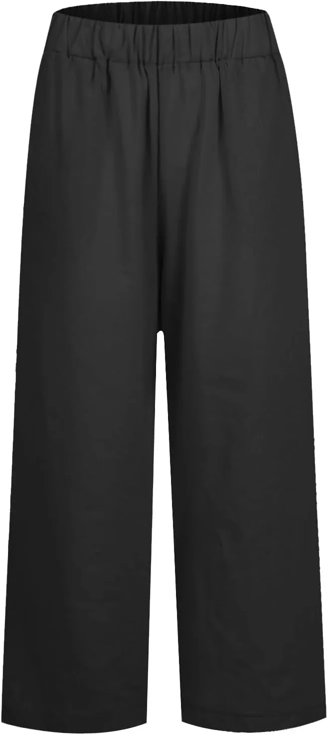 Cotton Linen Pants Women Summer Elastic Straight Leg Pants Plus Size Wide Leg Crop Pants Beach Trousers with Pockets