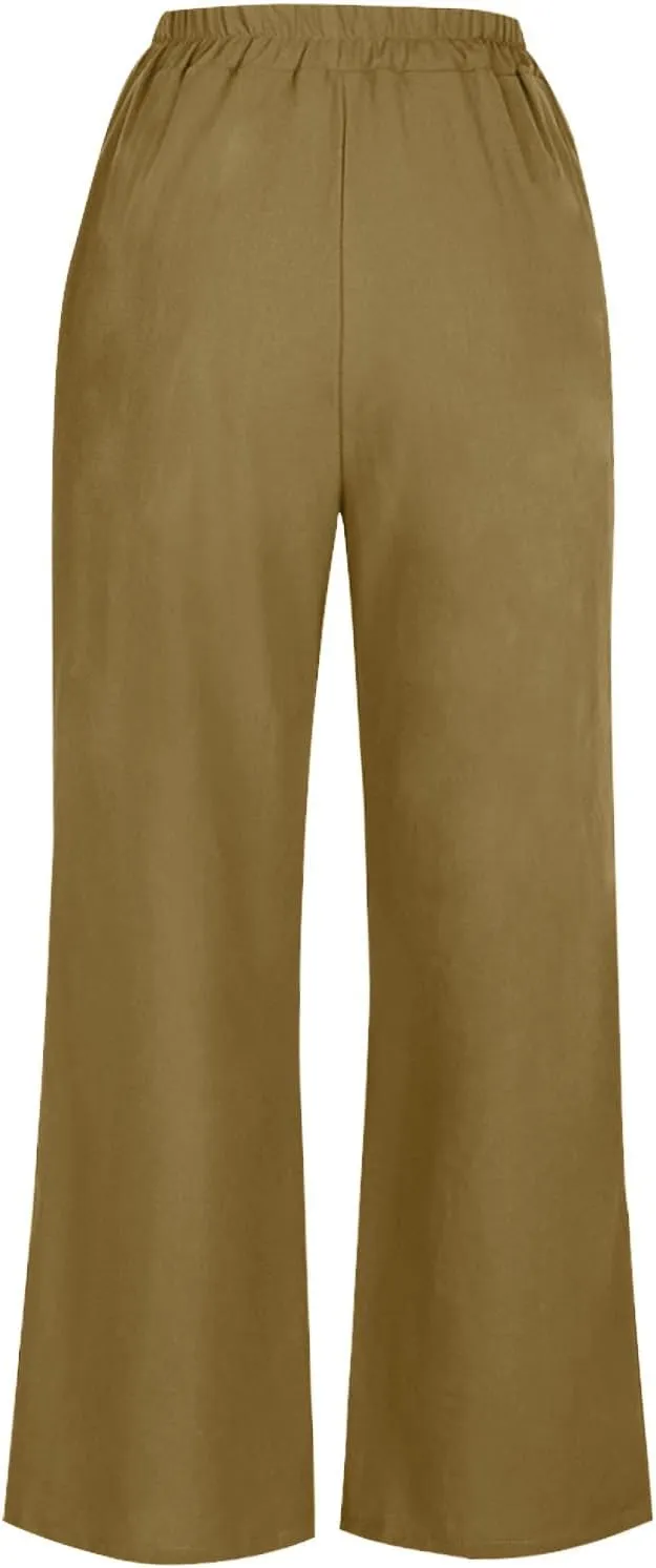 Cotton Linen Pants Women Trendy Elastic High Waist Wide Leg Pants Baggy Casual Lightweight Comfy Trousers with Pocket
