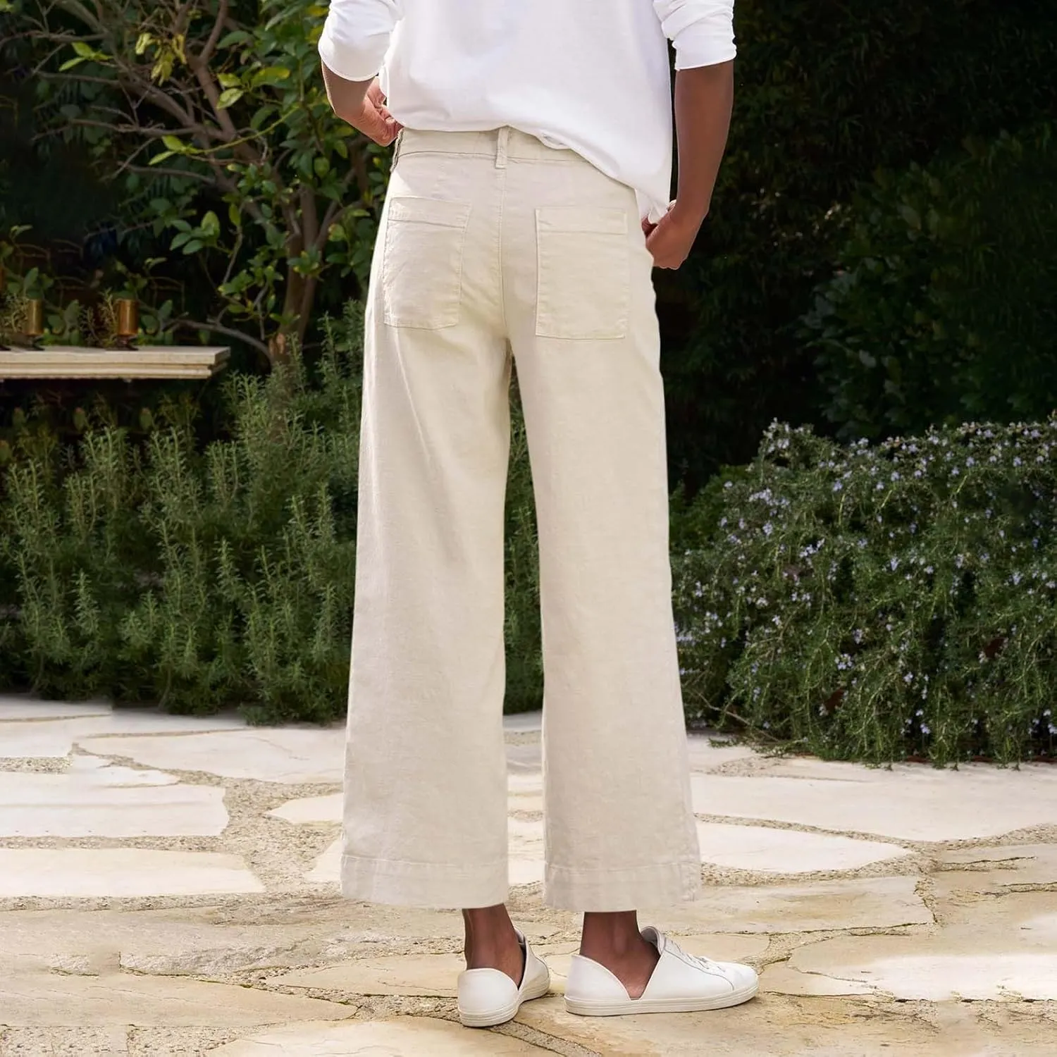 Cropped Linen Pants for Women 2025 Summer Straight Leg Slacks Casual Wide Leg Daily Work Trousers with Pockets