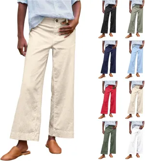 Cropped Linen Pants for Women 2025 Summer Straight Leg Slacks Casual Wide Leg Daily Work Trousers with Pockets