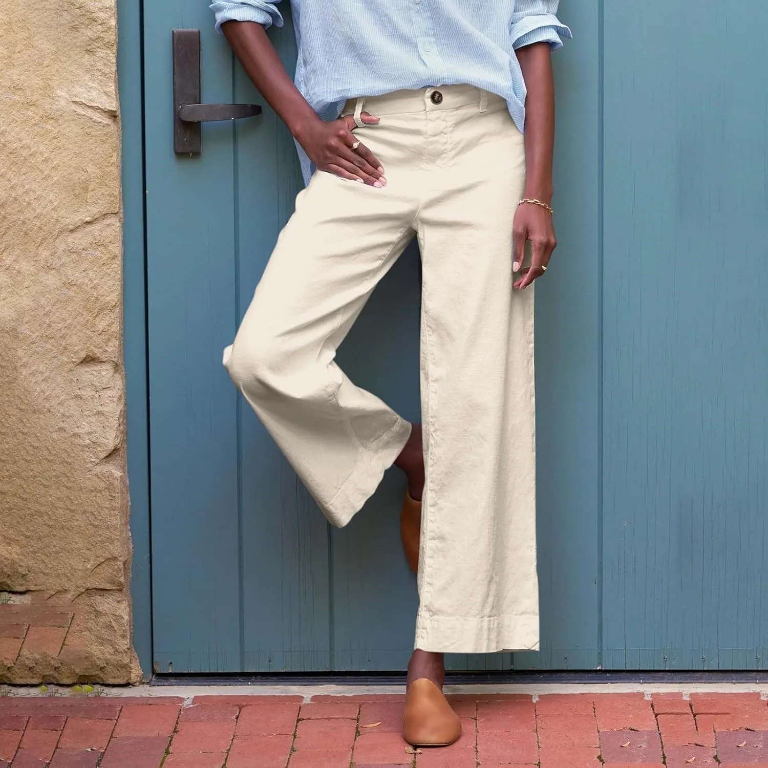 Cropped Linen Pants for Women 2025 Summer Straight Leg Slacks Casual Wide Leg Daily Work Trousers with Pockets