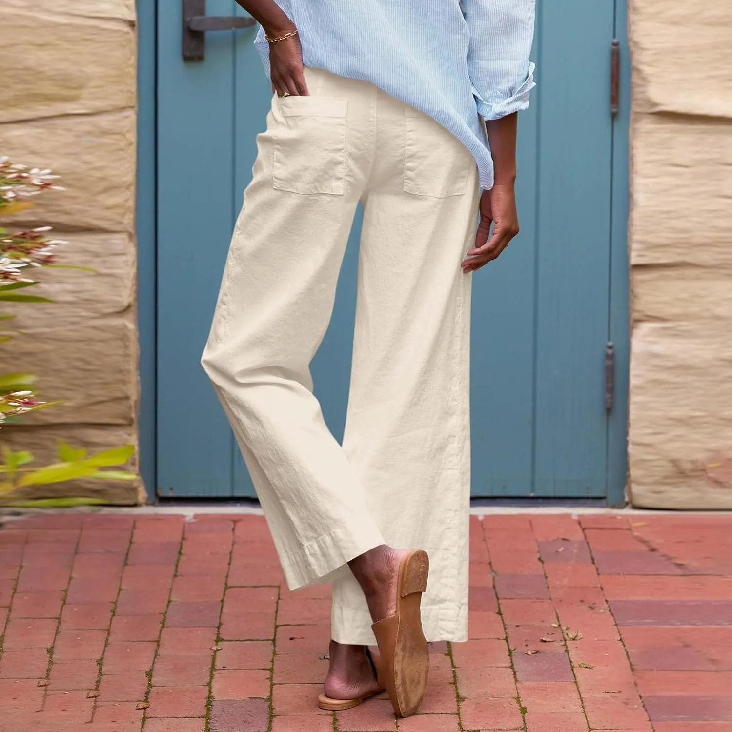 Cropped Linen Pants for Women 2025 Summer Straight Leg Slacks Casual Wide Leg Daily Work Trousers with Pockets