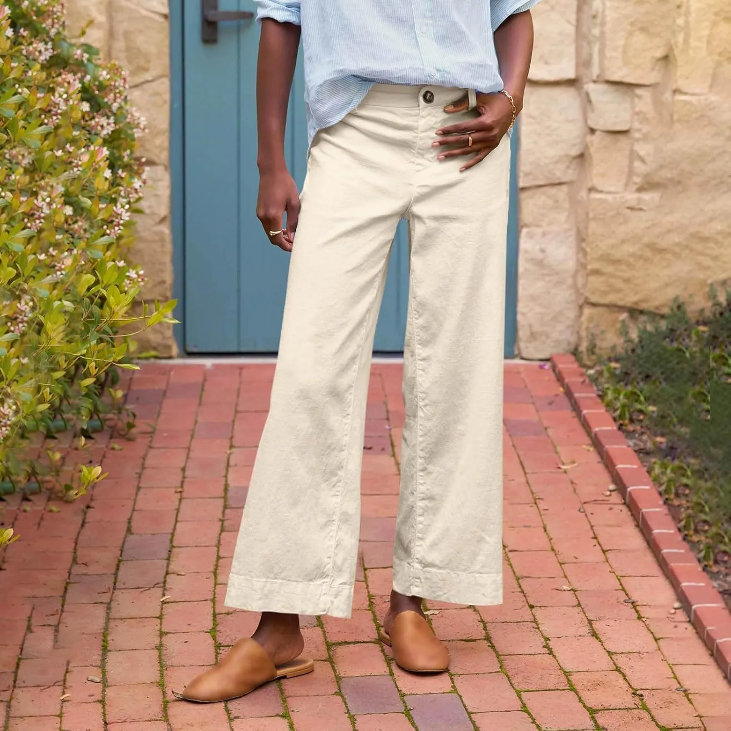 Cropped Linen Pants for Women Spring Summer Straight Leg Slacks Casual Wide Leg Daily Work Trousers with Pockets
