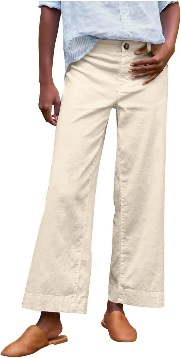 Cropped Linen Pants for Women Spring Summer Straight Leg Slacks Casual Wide Leg Daily Work Trousers with Pockets