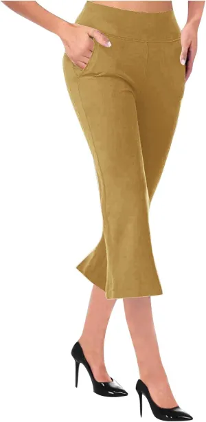 Cropped Trousers for Women Fashion Bell Bottom Pants High Elastic Waist Pants Comfy Pants Travel Pants with Pocket