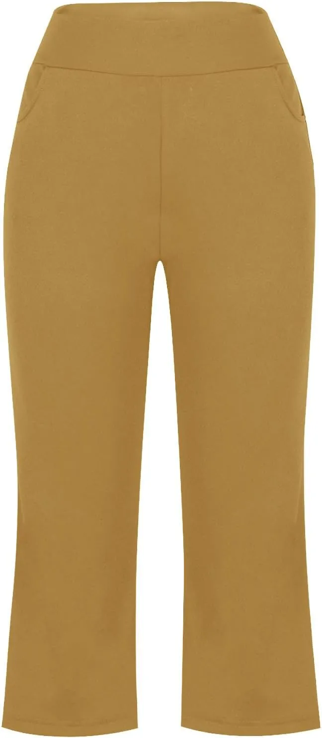 Cropped Trousers for Women Fashion Bell Bottom Pants High Elastic Waist Pants Comfy Pants Travel Pants with Pocket