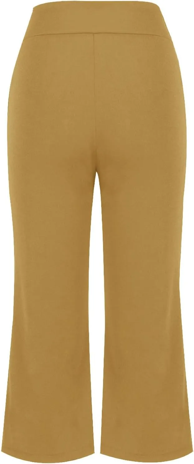 Cropped Trousers for Women Fashion Bell Bottom Pants High Elastic Waist Pants Comfy Pants Travel Pants with Pocket