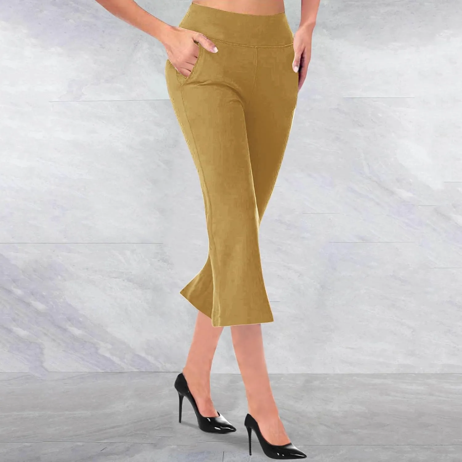 Cropped Trousers for Women Fashion Bell Bottom Pants High Elastic Waist Pants Comfy Pants Travel Pants with Pocket