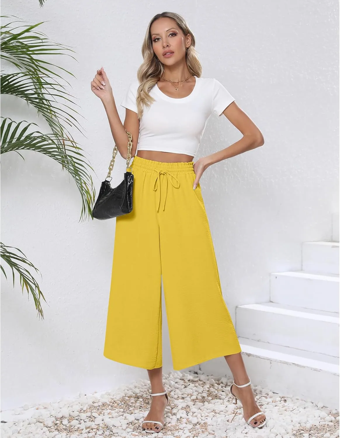CZYINXIAN Womens Flowy Wide Leg Pants Casual Summer Beach Elastic Waist Trousers Trendy Business Work Pants with Pockets