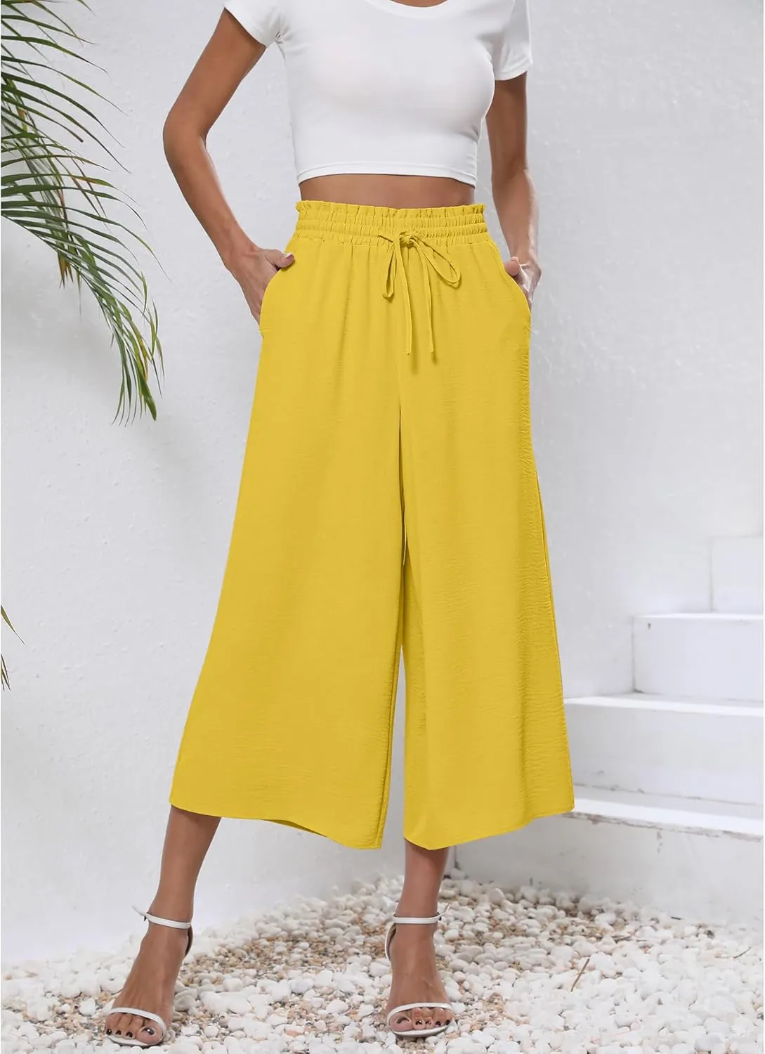 CZYINXIAN Womens Flowy Wide Leg Pants Casual Summer Beach Elastic Waist Trousers Trendy Business Work Pants with Pockets