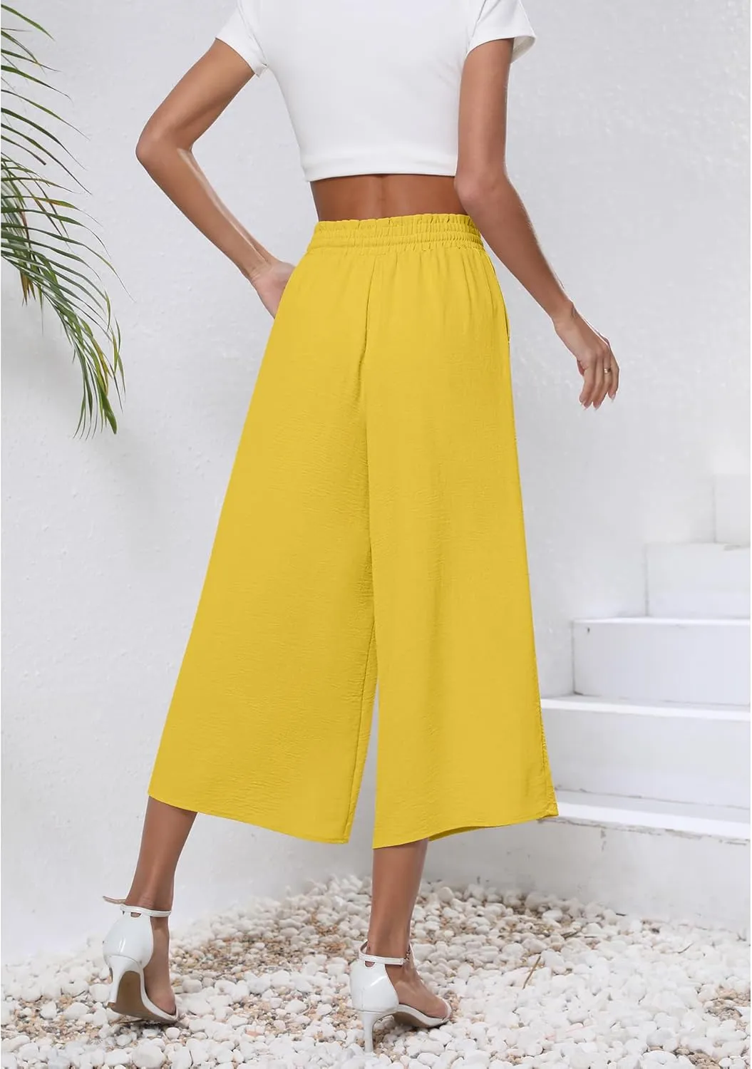 CZYINXIAN Womens Flowy Wide Leg Pants Casual Summer Beach Elastic Waist Trousers Trendy Business Work Pants with Pockets