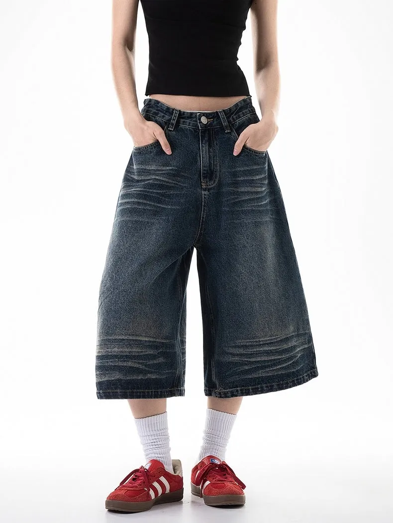 Dark Wash Retro Wide-Leg Denim Jorts  Vintage Skater Blue