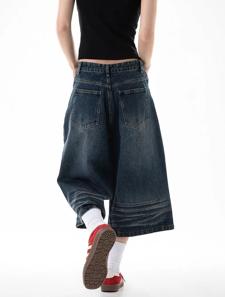 Dark Wash Retro Wide-Leg Denim Jorts  Vintage Skater Blue