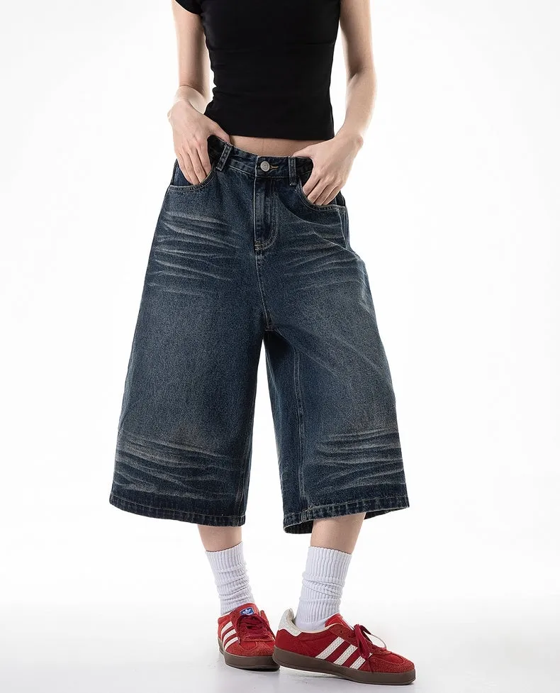 Dark Wash Retro Wide-Leg Denim Jorts  Vintage Skater Blue