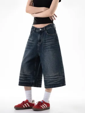 Dark Wash Retro Wide-Leg Denim Jorts  Vintage Skater Blue