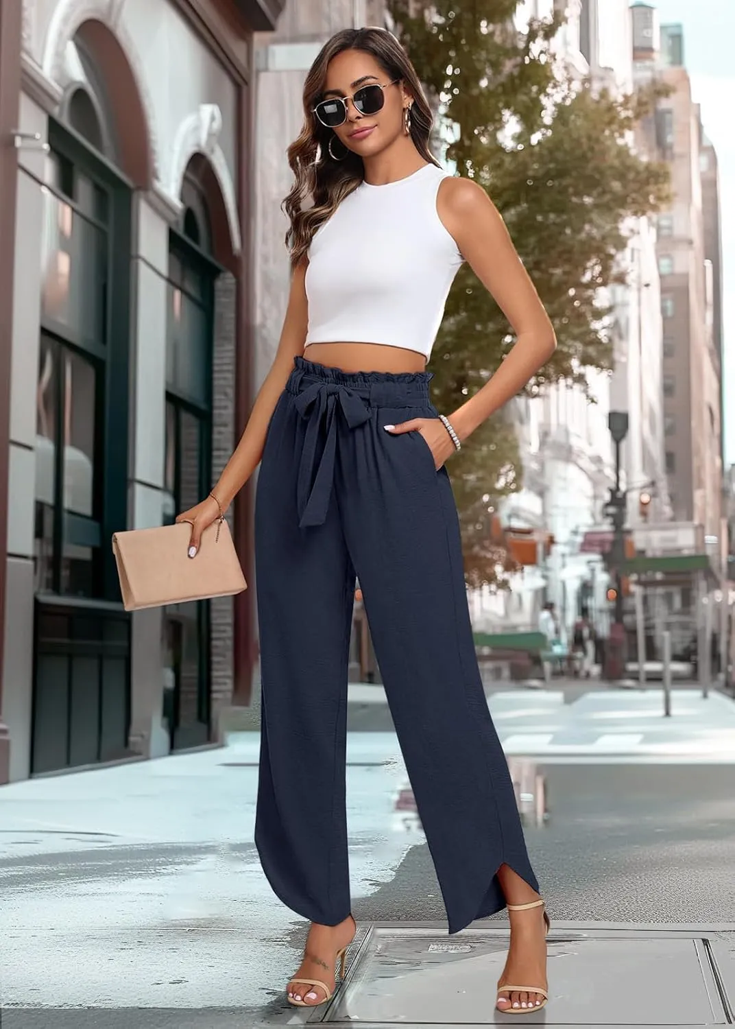 DILIUXING Womens High Waist Pants Wide Leg Adjustable Knot Loose Casual Trousers Business Work Pants with Pockets
