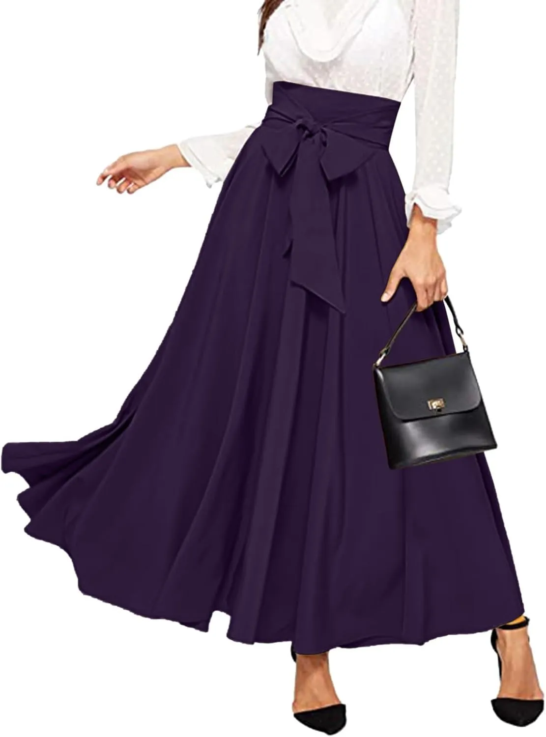 Dressy Skirts for Women Flowy Ruffle Swing High Waisted Bow Front Pleated Maxi Skirts Fall Business Work Suit Dresses