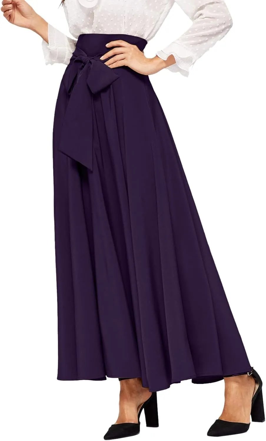 Dressy Skirts for Women Flowy Ruffle Swing High Waisted Bow Front Pleated Maxi Skirts Fall Business Work Suit Dresses