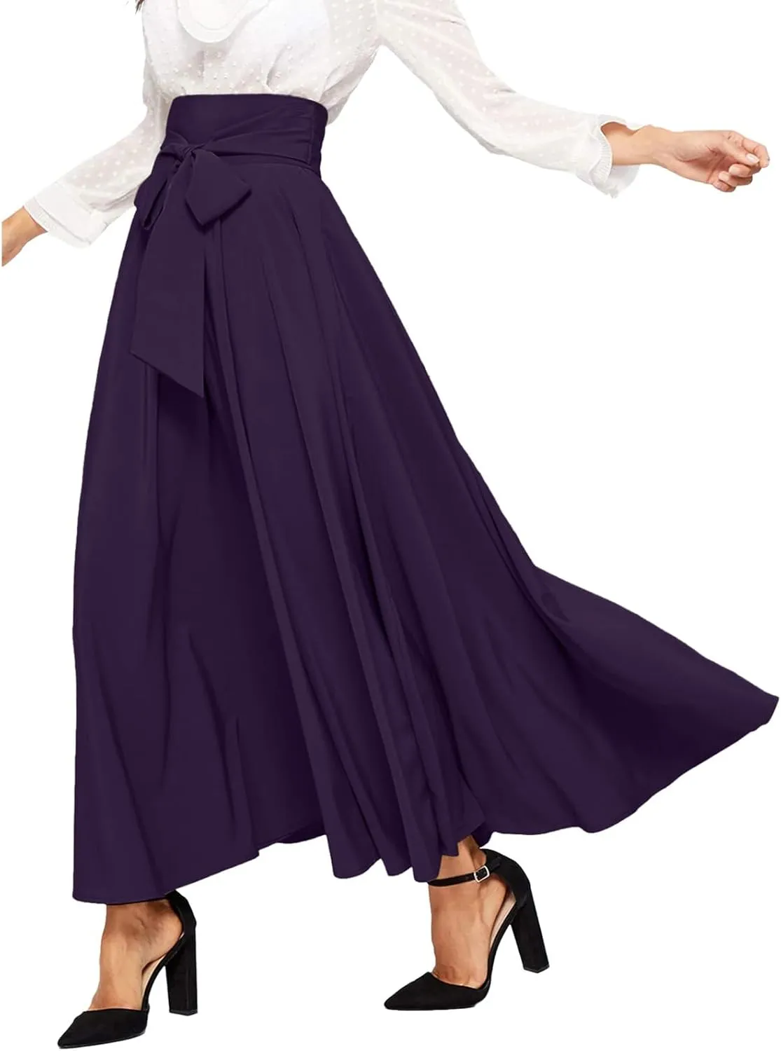 Dressy Skirts for Women Flowy Ruffle Swing High Waisted Bow Front Pleated Maxi Skirts Fall Business Work Suit Dresses
