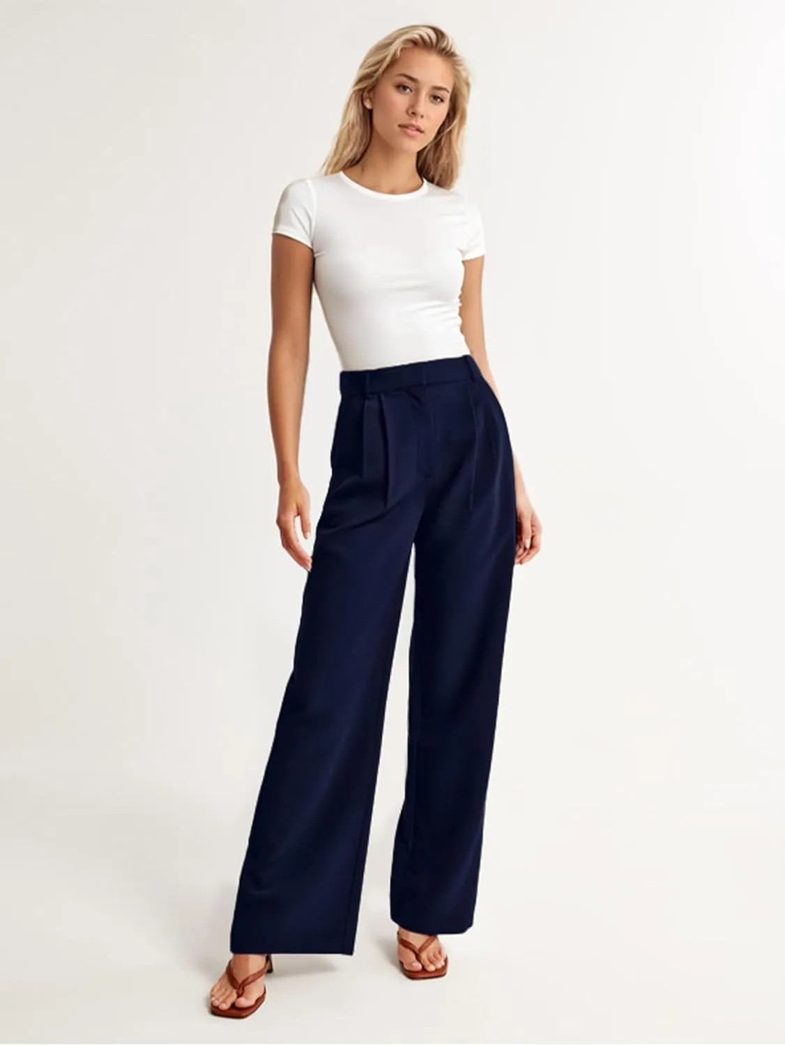 ELLEVEN Wide Leg Dress Pants for Woman, High Waisted Business Casual Work Trousers with Pockets