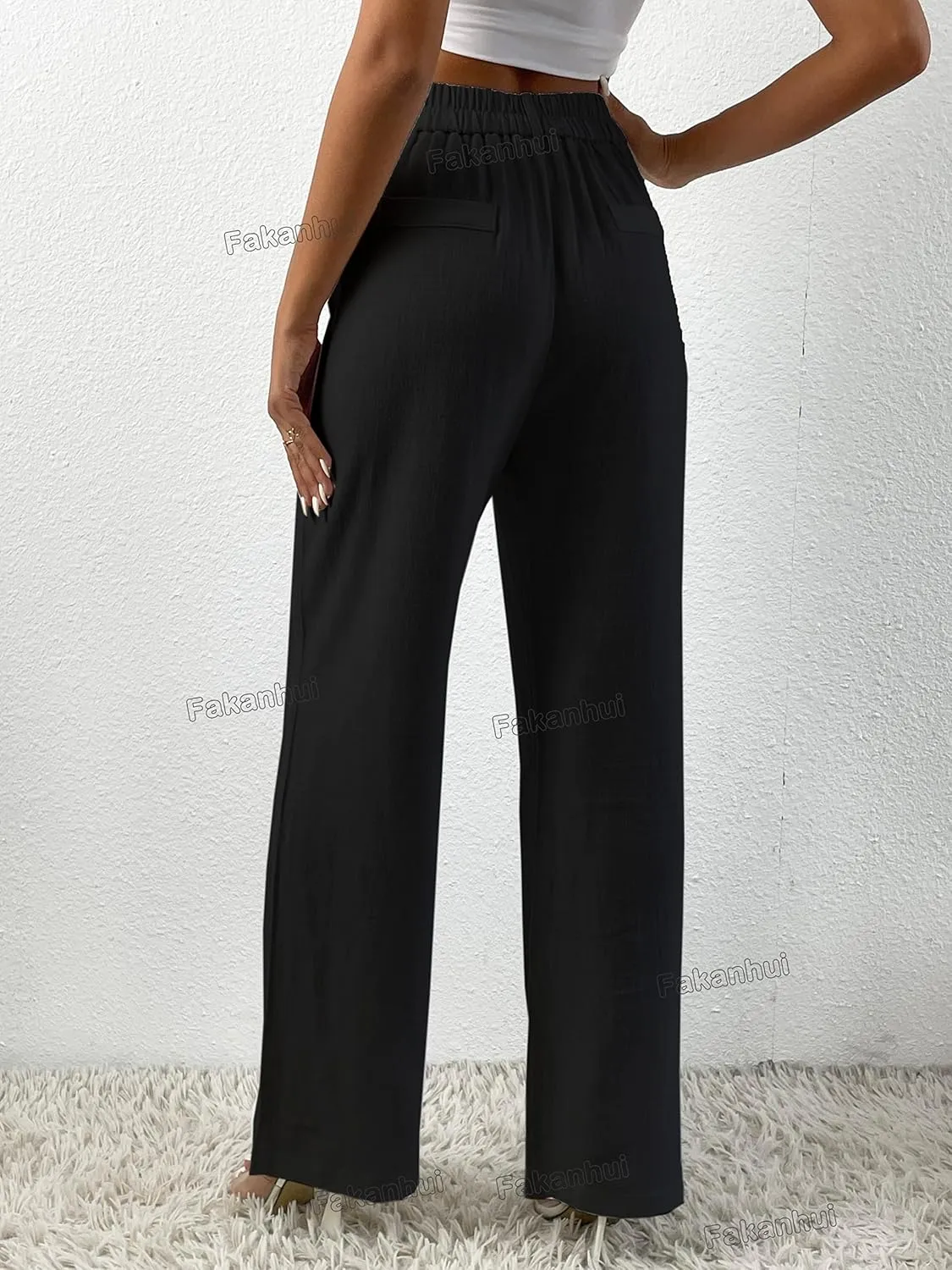 Fakanhui Women's Cotton Linen Wide Leg Pants High Elastic Waist Casual Business Work Trousers