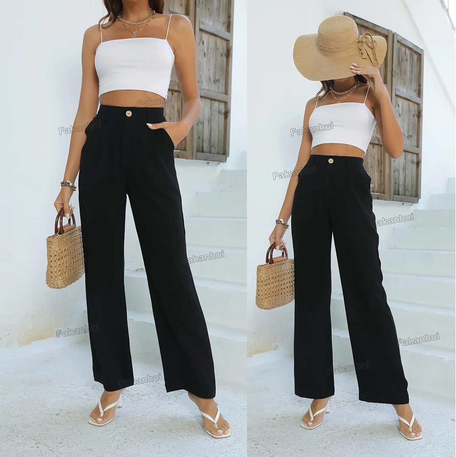 Fakanhui Women's Cotton Linen Wide Leg Pants High Elastic Waist Casual Business Work Trousers