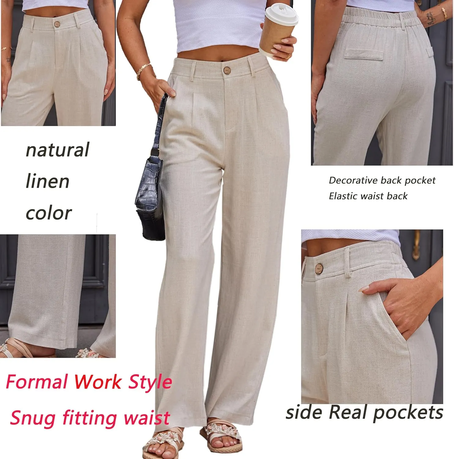 Fakanhui Women's Cotton Linen Wide Leg Pants High Elastic Waist Casual Business Work Trousers