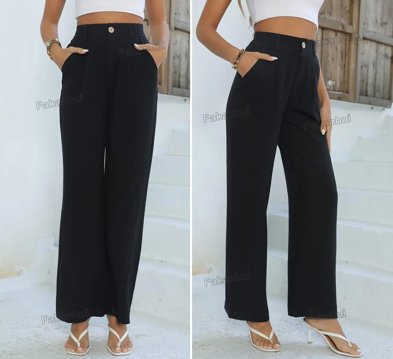 Fakanhui Women's Cotton Linen Wide Leg Pants High Elastic Waist Casual Business Work Trousers