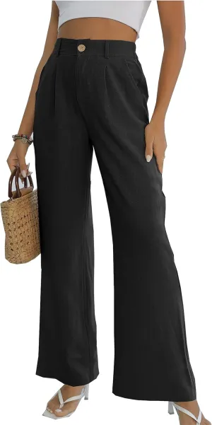 Fakanhui Women's Cotton Linen Wide Leg Pants High Elastic Waist Casual Business Work Trousers