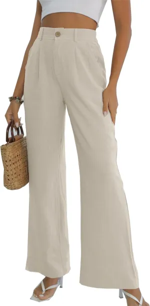 Fakanhui Women's Cotton Linen Wide Leg Pants High Elastic Waist Casual Business Work Trousers
