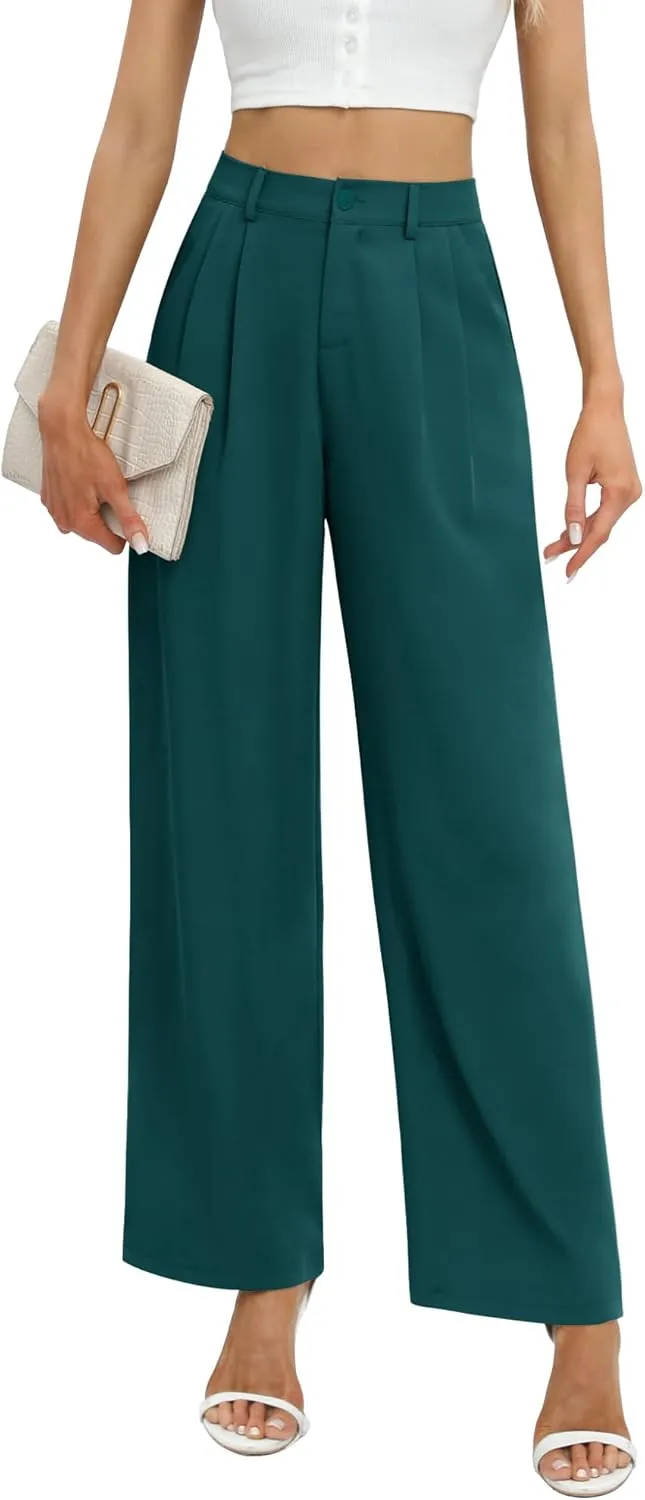 Feiersi Women's Business Work Trousers High Waisted Wide Leg Pants Long Straight Suit Pants with Pocket