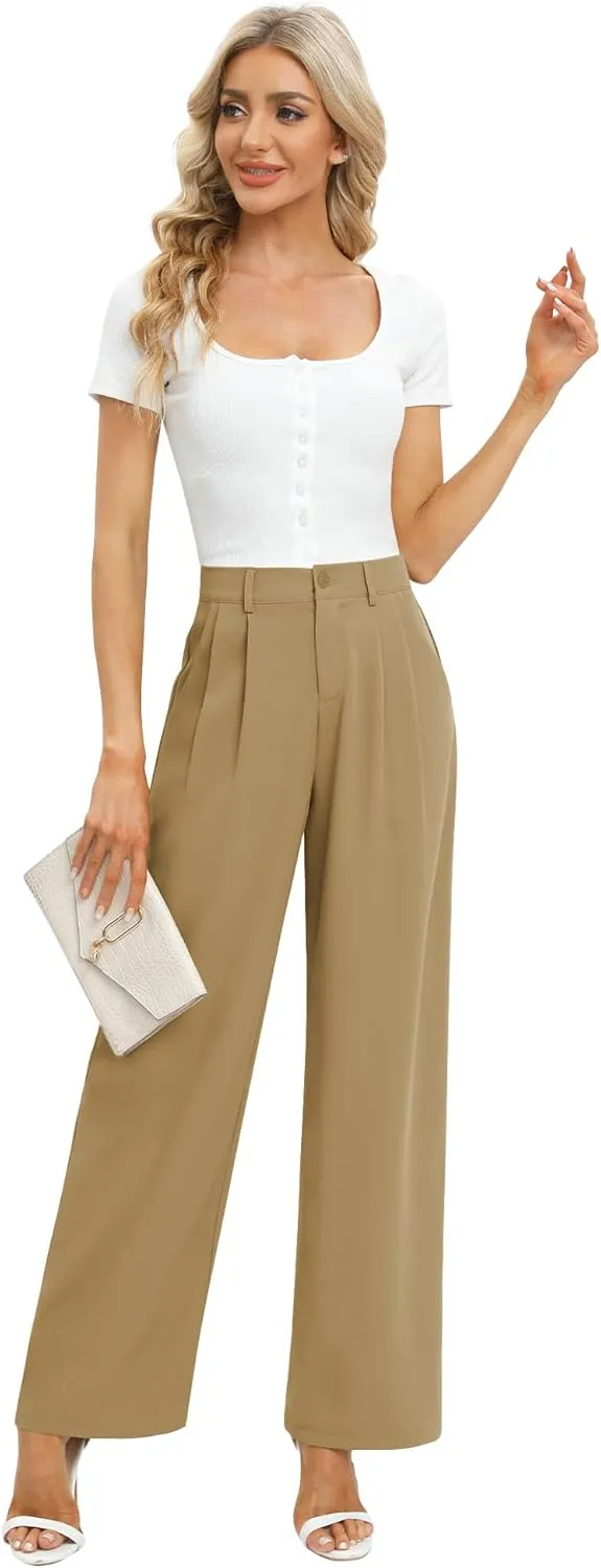 Feiersi Women's Business Work Trousers High Waisted Wide Leg Pants Long Straight Suit Pants with Pocket