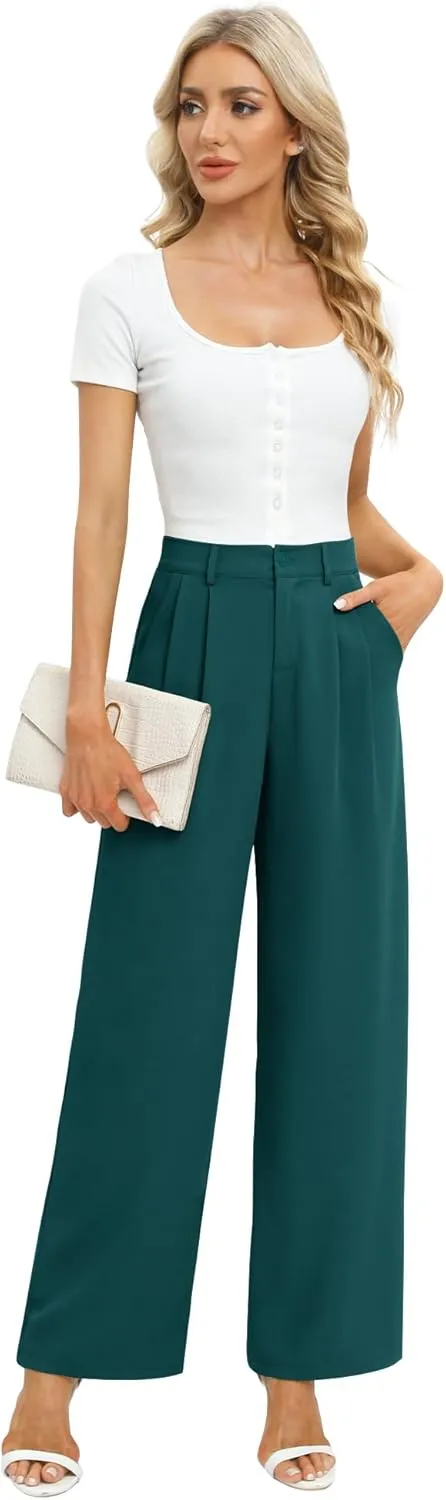 Feiersi Women's Business Work Trousers High Waisted Wide Leg Pants Long Straight Suit Pants with Pocket
