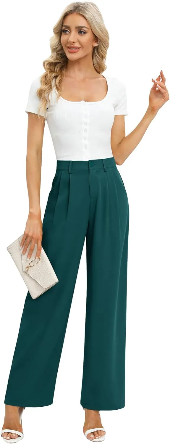 Feiersi Women's Business Work Trousers High Waisted Wide Leg Pants Long Straight Suit Pants with Pocket