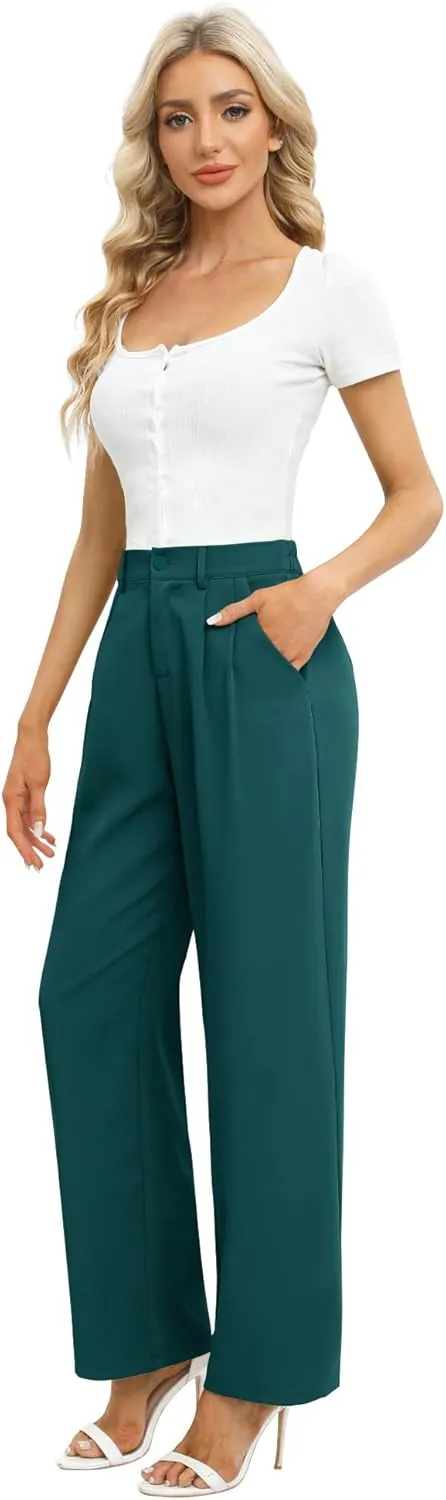 Feiersi Women's Business Work Trousers High Waisted Wide Leg Pants Long Straight Suit Pants with Pocket